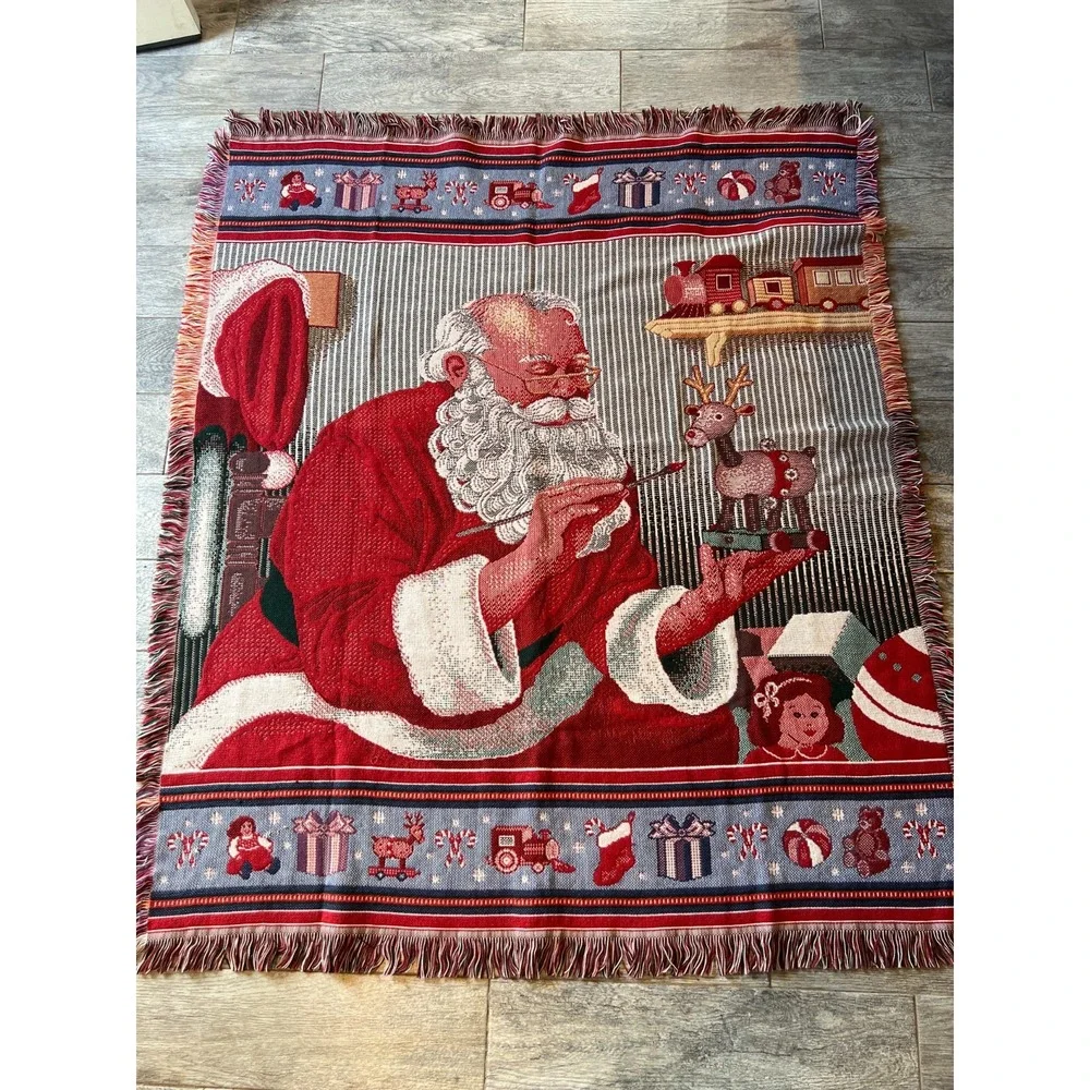 Woven Tapestry SANTA Claus Christmas Throw Blanket Afghan Fringe Holiday Cottage